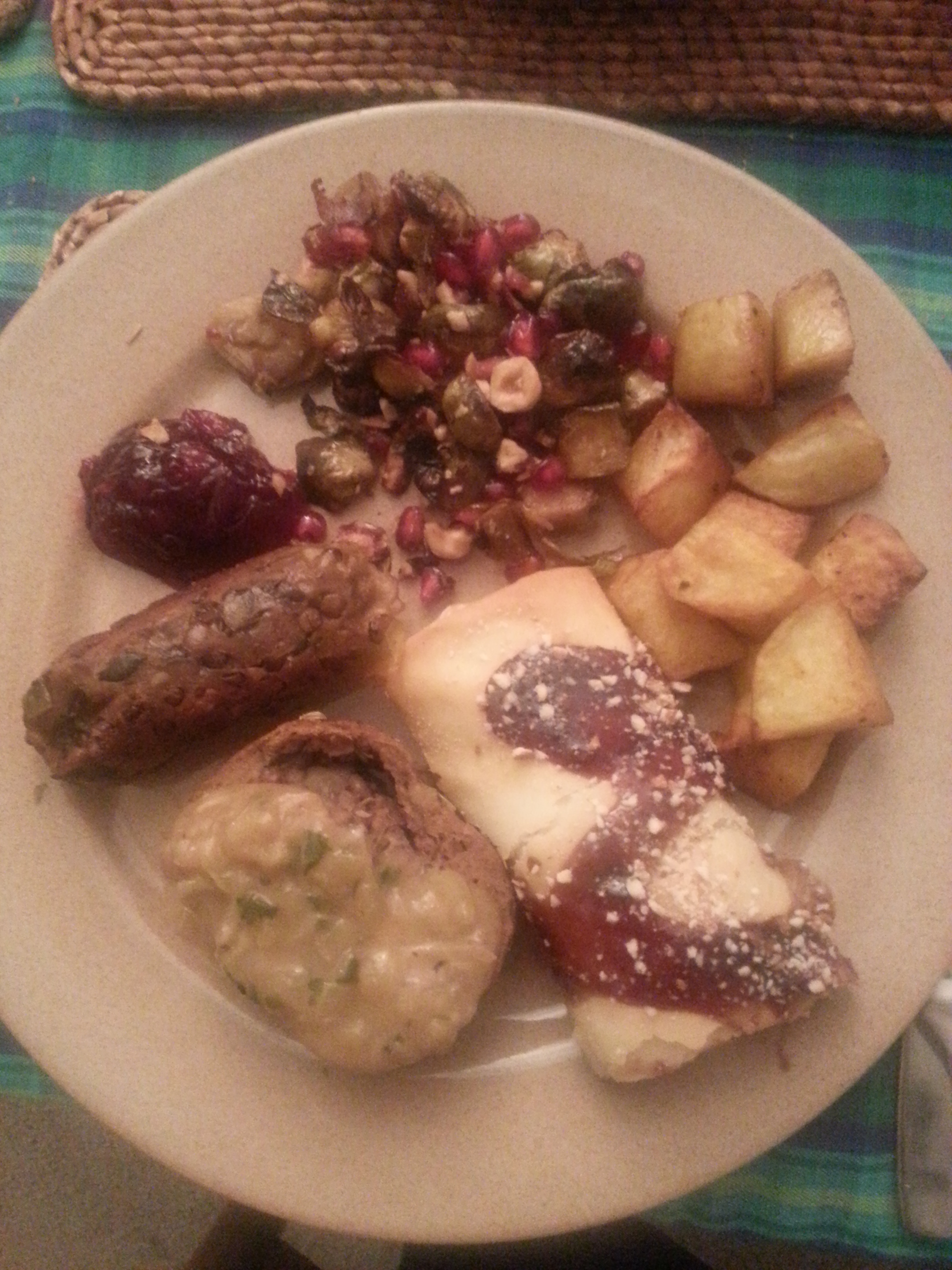 Vegan christmas dinner - handmade seitan roast and sausages. I couldn't have done it without QVH.